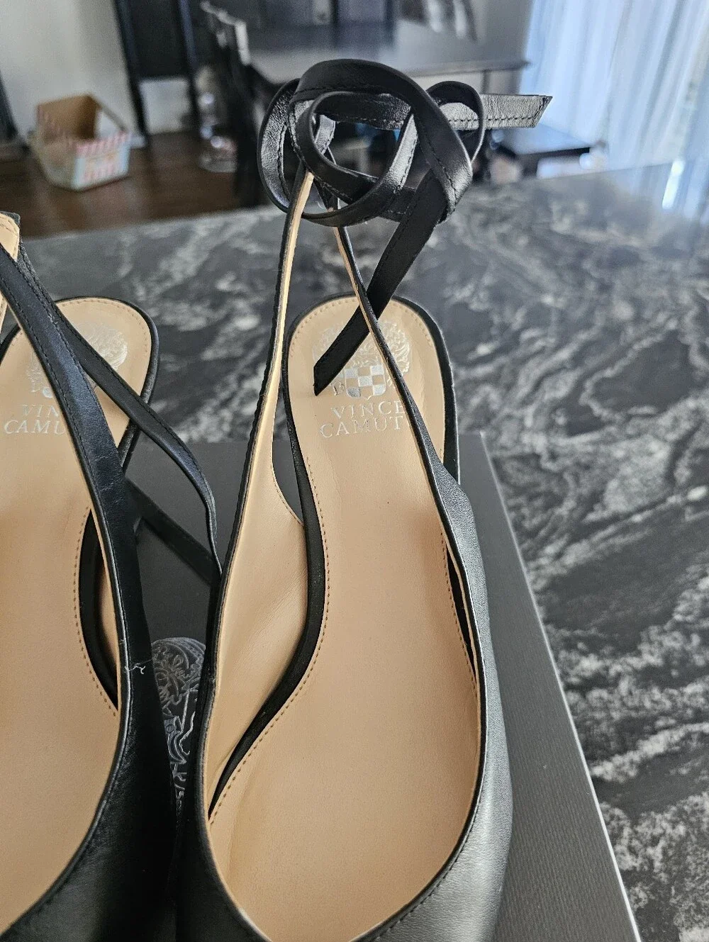 Vince Camuto Black Leather Pointed Ankle Tie Pumps
